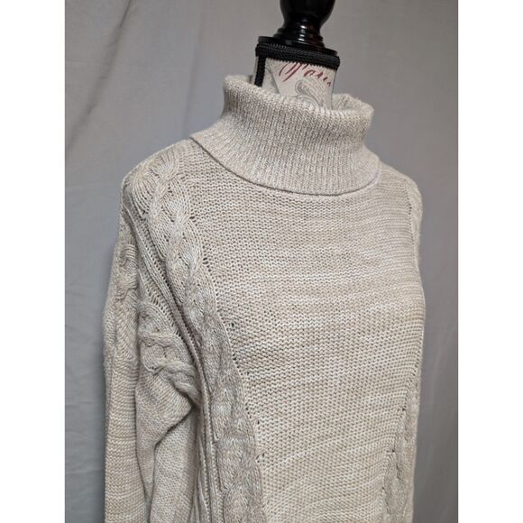Old Navy Women's Beige White Cable Knit Turtleneck Sweater Chunky Size Large - Picture 2 of 8
